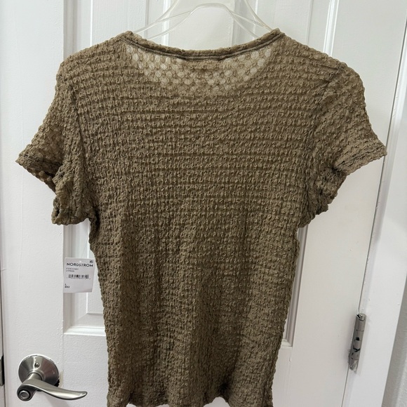 NWT Frame Denim Textured Semi-sheer Women's Baby TShirt in Cypress (Brown), Sz L - Picture 11 of 11